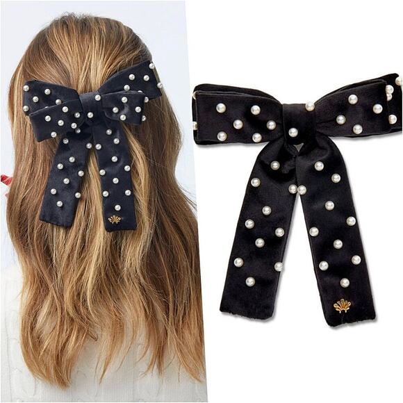 RARE Lele Sadoughi Pearls Jet Black Velvet Bow Barrette Hair Clip Gold Logo - Picture 1 of 9